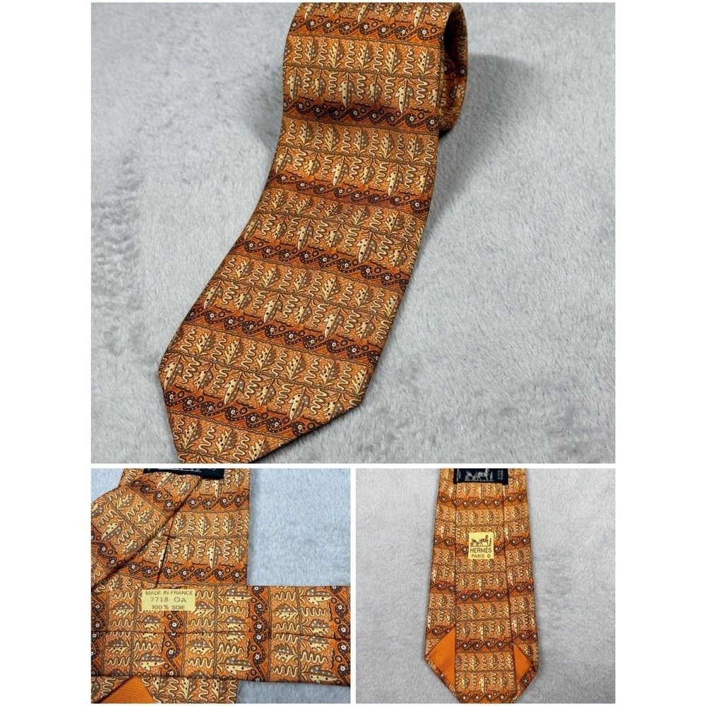 Hermes‎ Silk Necktie Mens OS Orange Brown Geometric Leaf Pattern 7718 OA France